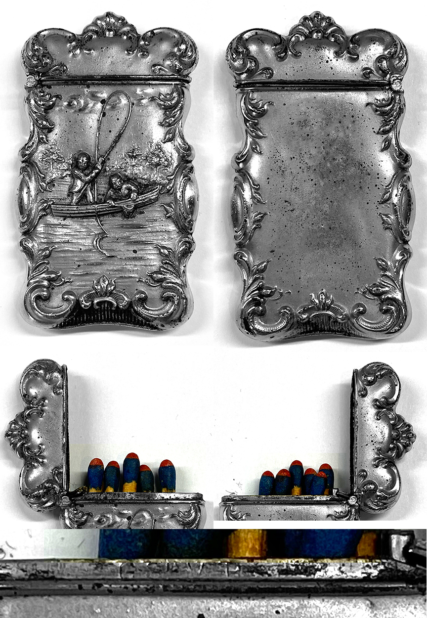 G.SILVER VICTORIAN ERA VESTA MATCH SAFE 2-MEN FISHING FROM BOAT!